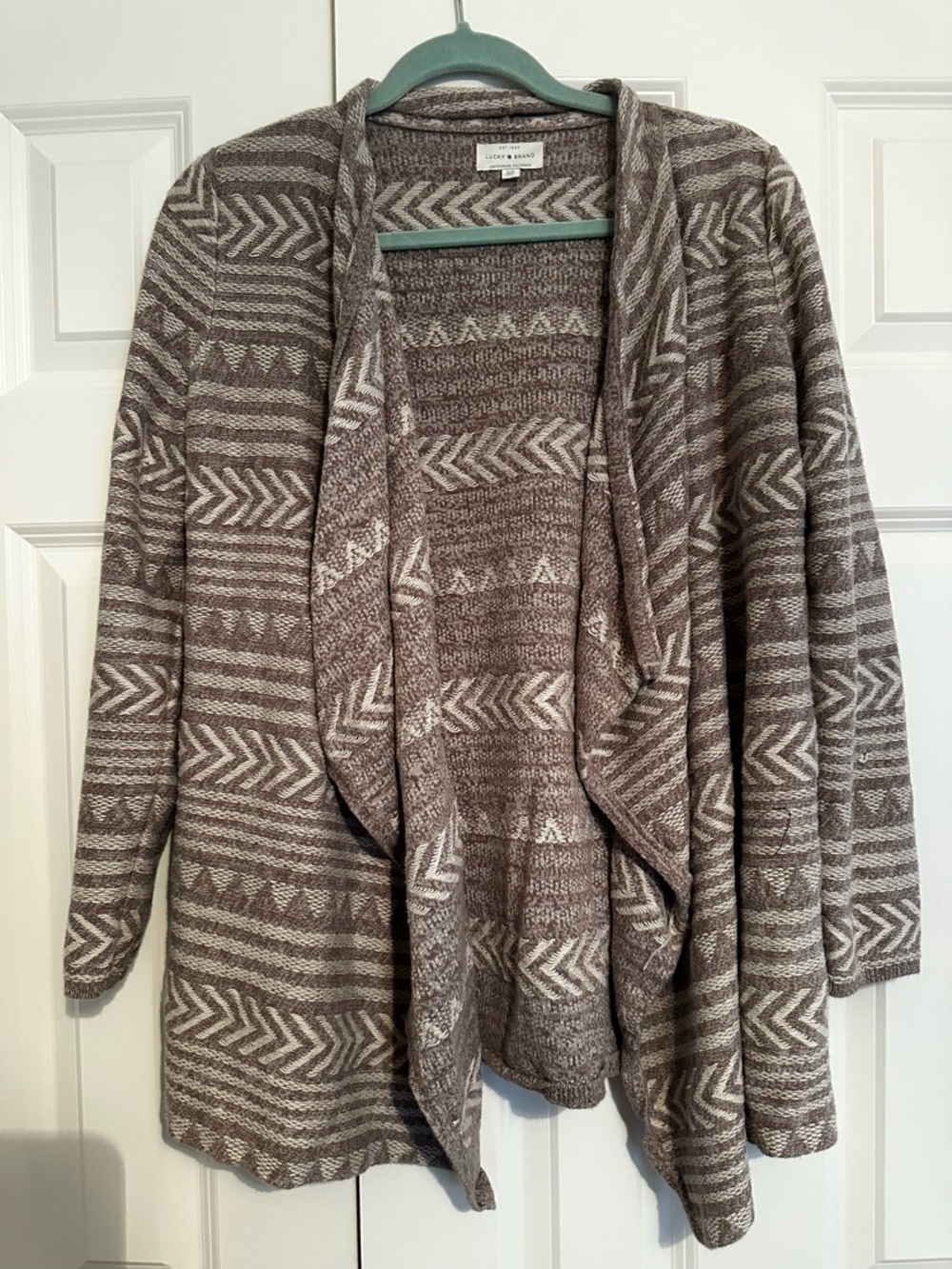 Lucky Brand Taupe and Off-White Aztec Open-Front Cardigan